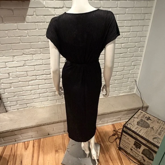 Lush Black Textured Midi Dress Small | Minimalist Luxe Belted V-Neck EU Chic - Picture 15 of 16